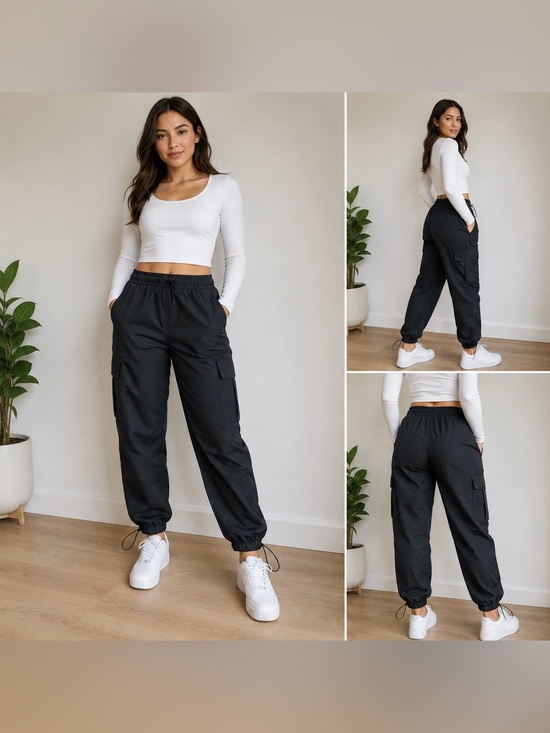 a new day Pants - A New Day Black Cargo Jogger Pants Size 10 Elastic Waist Ankle Drawcord